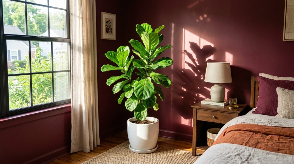 Large fiddle leaf fig plant in a white ceramic pot against a deep maroon bedroom wall in natural sunlight.