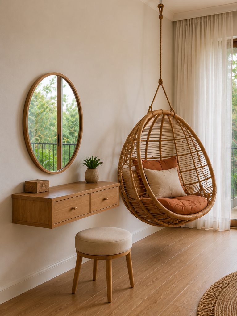 Floating wooden vanity and round mirror next to a woven rattan hanging egg chair in a boho bedroom.