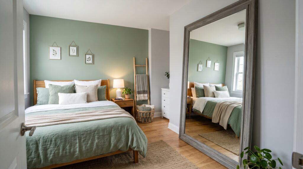 Bright bedroom with a large grey floor mirror reflecting a sage green accent wall and oak wood floors.