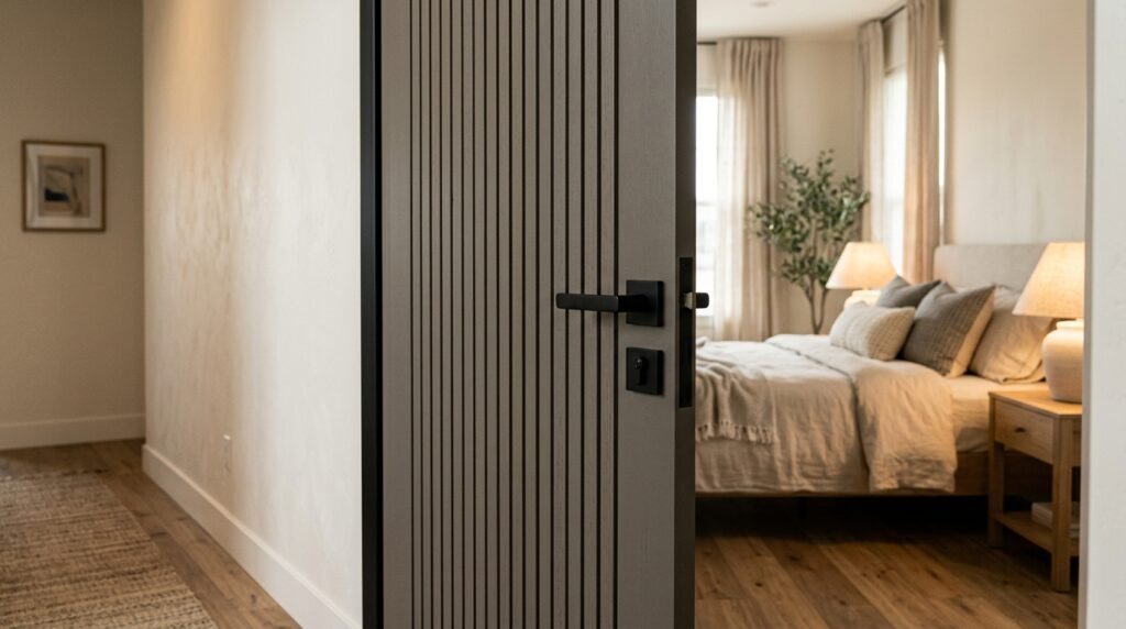 Close-up of a fluted wood bedroom door with sleek black hardware opening into a bright, neutral guest suite.