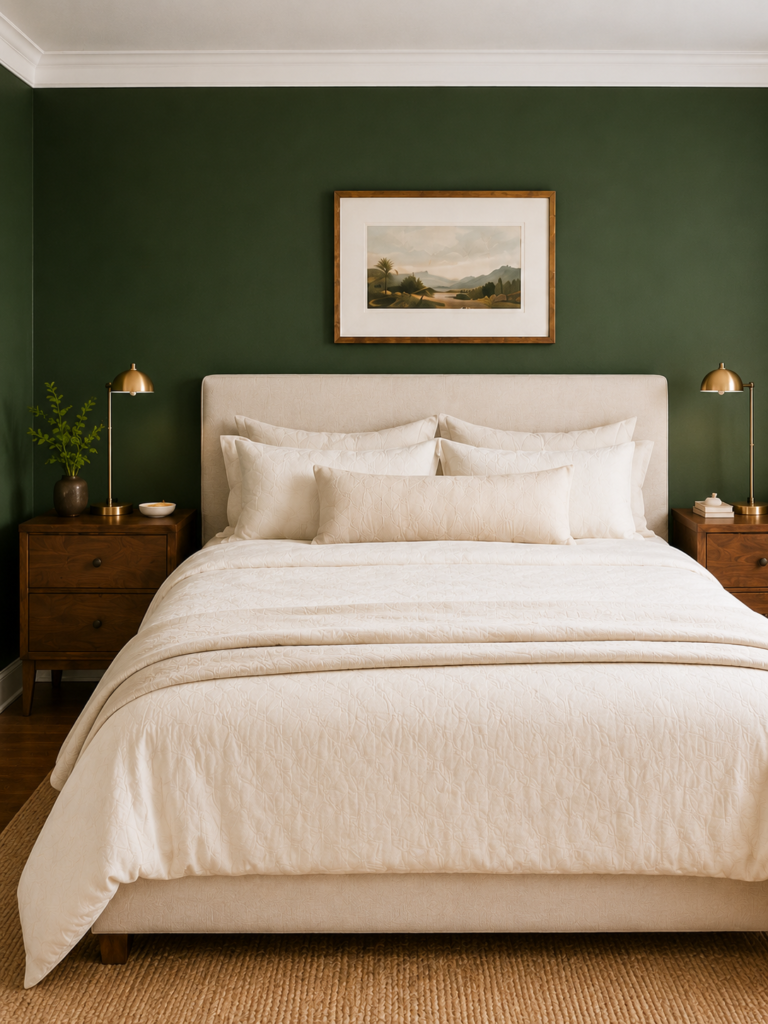 Cream upholstered bed with brass lamps and warm wood nightstands against a deep forest green accent wall.