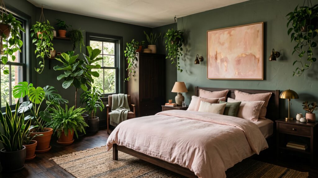 Dark forest green bedroom with lush indoor plants and pink bedding in a modern biophilic interior.