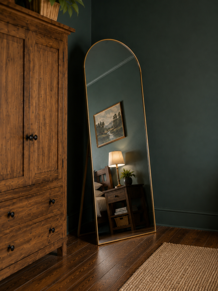 Gold arched floor mirror in a rustic style reflecting a lamp next to a wooden armoire in a dark green bedroom.