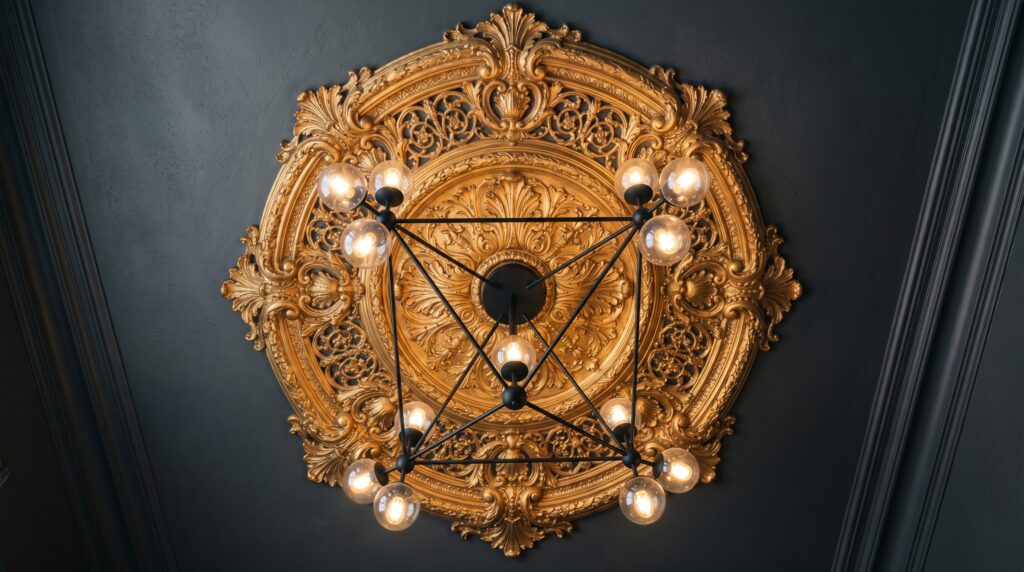 Ornate gold ceiling medallion paired with a modern black geometric chandelier on a dark charcoal ceiling.