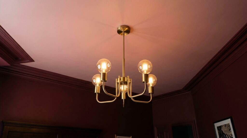 Modern gold chandelier on a soft pink ceiling with dark maroon crown molding and architectural trim.