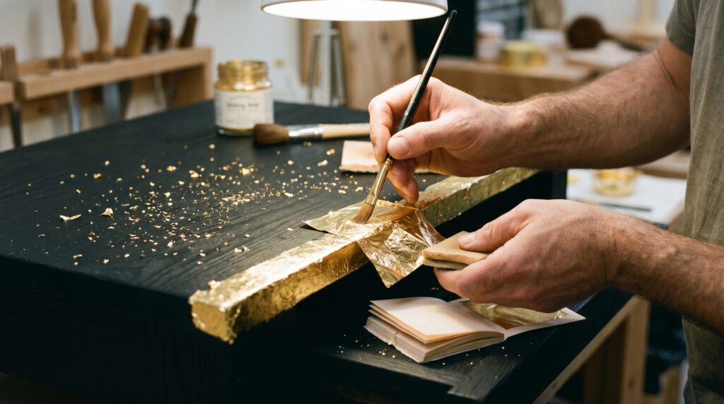 Hands applying delicate gold leaf to a black wooden frame using a brush for custom furniture design.