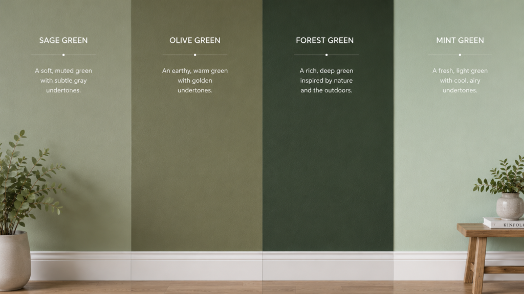 Green paint color guide showing sage, olive, forest, and mint green wall panels with descriptions above a wood floor.