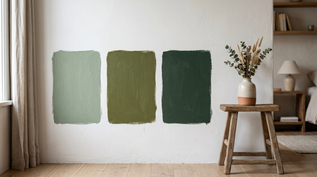 Three green paint swatches on a white wall next to a rustic wooden stool with dried flowers.