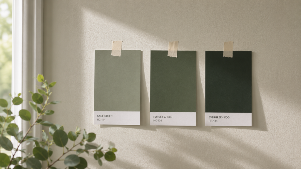 Three green paint swatches labeled sage, forest, and evergreen fog taped to a neutral wall for bedroom color ideas.