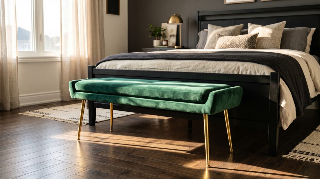 Elegant green velvet bench with gold legs placed at the foot of a black bed in a sunlit modern bedroom.