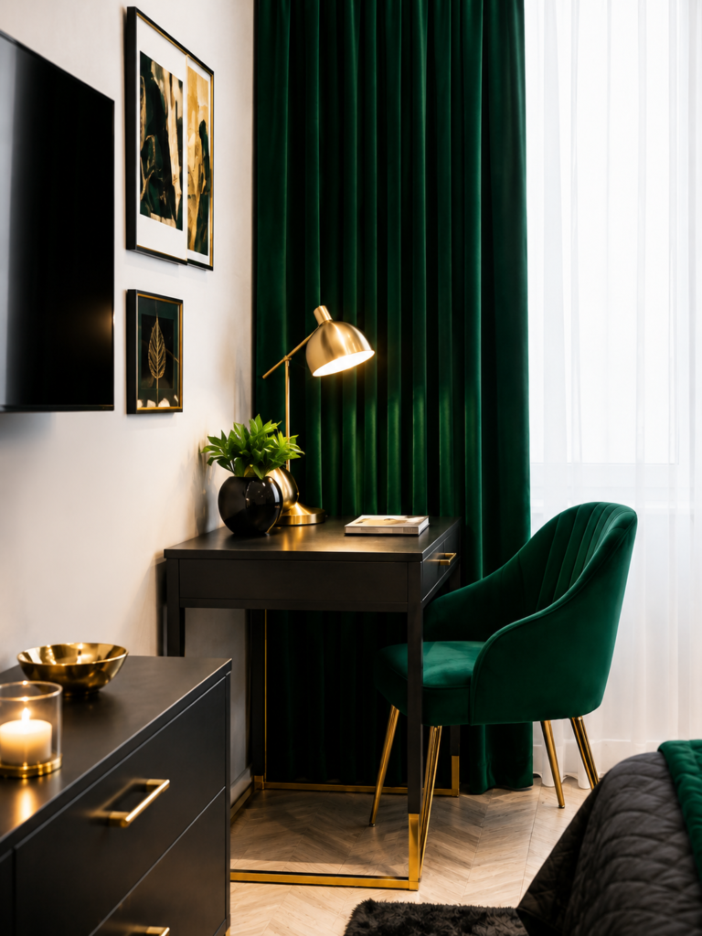 Elegant bedroom workspace with a black desk, emerald green velvet chair, and floor-to-ceiling green curtains.