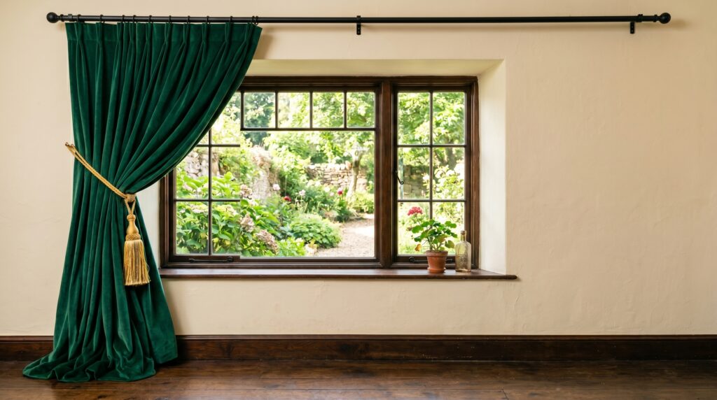 Deep green velvet curtains with a gold tassel tieback framing a large window in a neutral room.