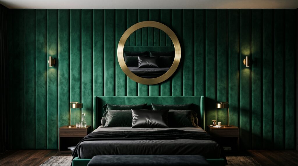 Modern bedroom featuring vertical green velvet wall panels and a round gold mirror above a dark bed.