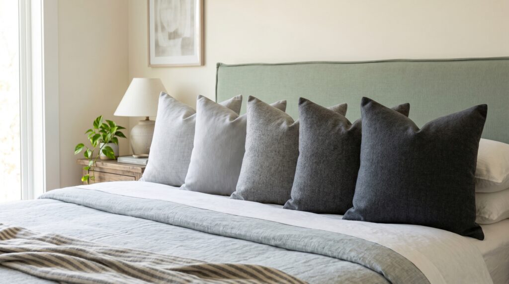 Gradient of grey to black throw pillows styled on a bed with a sage green upholstered headboard.