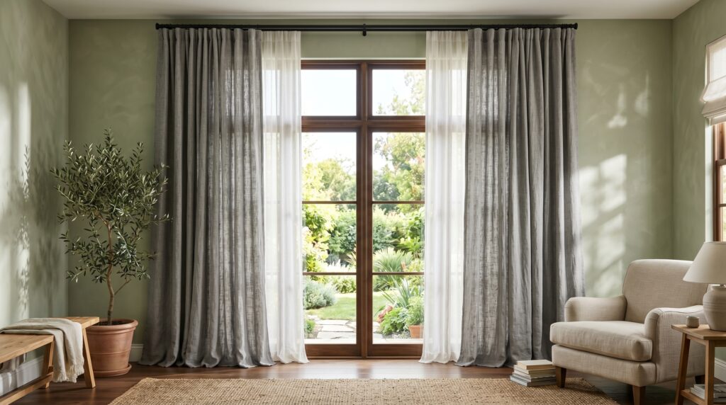 Floor-to-ceiling grey linen curtains paired with white sheer drapes over large black-framed windows.