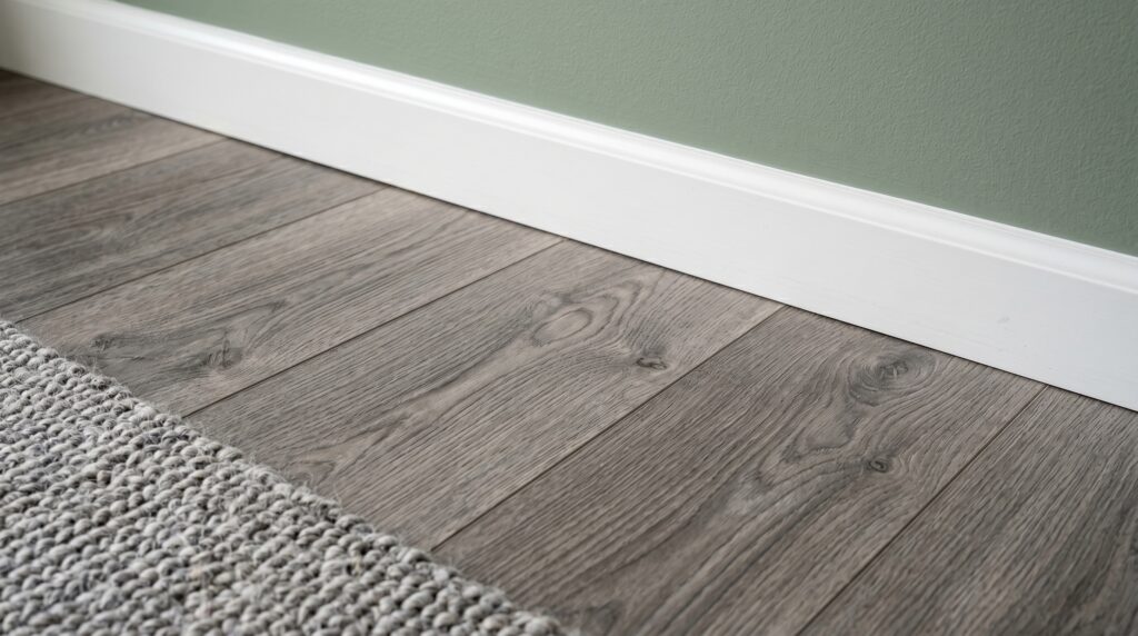 Detailed view of grey wide plank wood flooring meeting a crisp white baseboard and a textured grey rug.