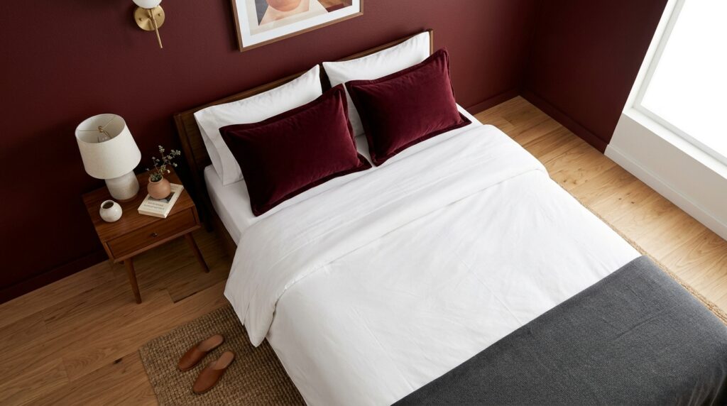 High angle view of a minimalist bed with crisp white linens and deep burgundy velvet pillows on a mid-century wood frame.