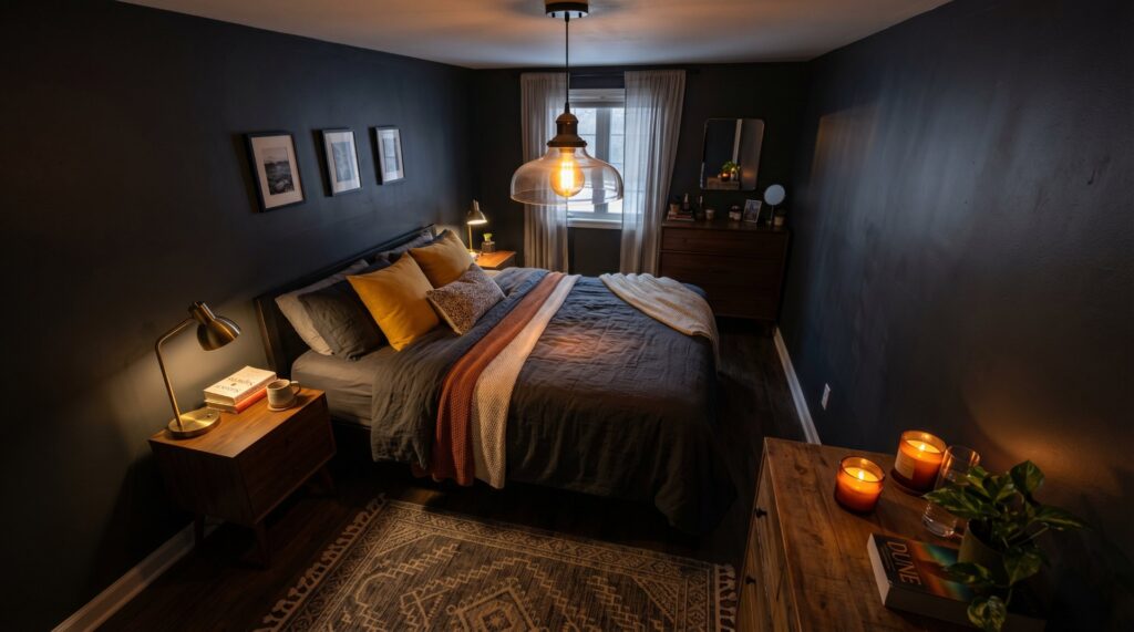 Moody master bedroom with black walls, mustard yellow pillows, and a glass pendant light over a mid-century bed.