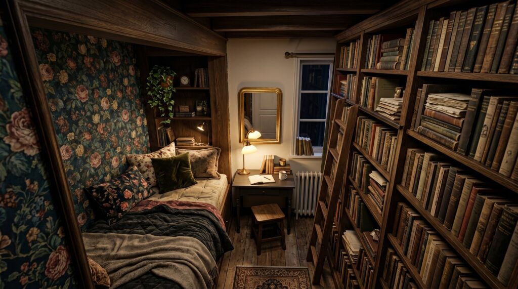 Cozy dark academia library nook with built-in bed, floral wallpaper, and floor-to-ceiling bookshelves with ladder.