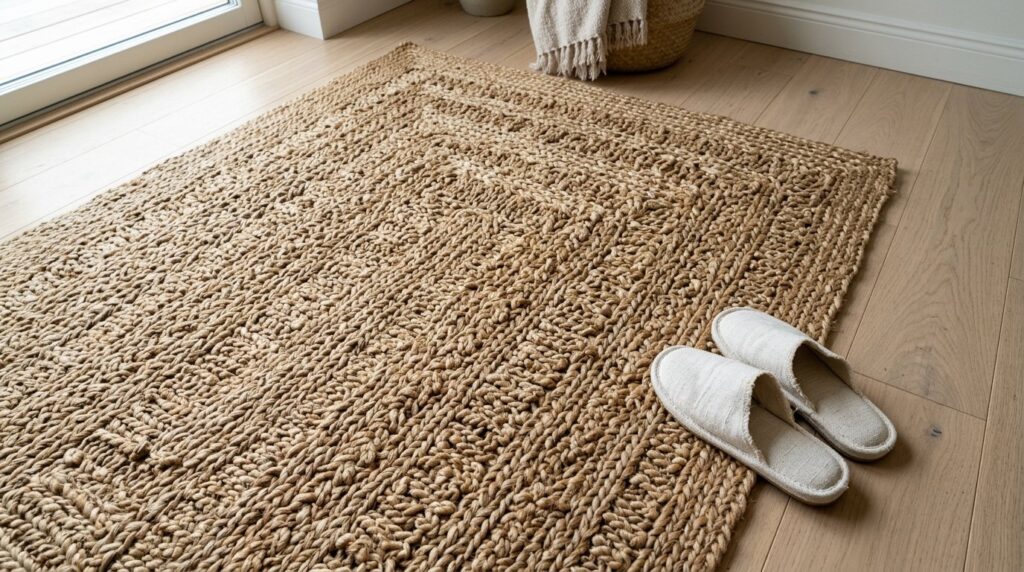 Textured braided jute rug in a minimalist boho style on light wood floors with white linen slippers.