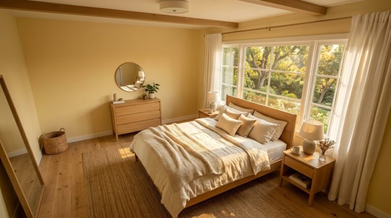 Bright Scandinavian bedroom with light wood furniture and large windows letting in warm natural sunlight.