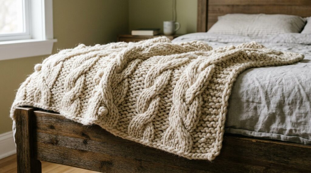 Cream chunky cable knit throw blanket on a rustic wood bed with grey linen sheets in a cozy bedroom.