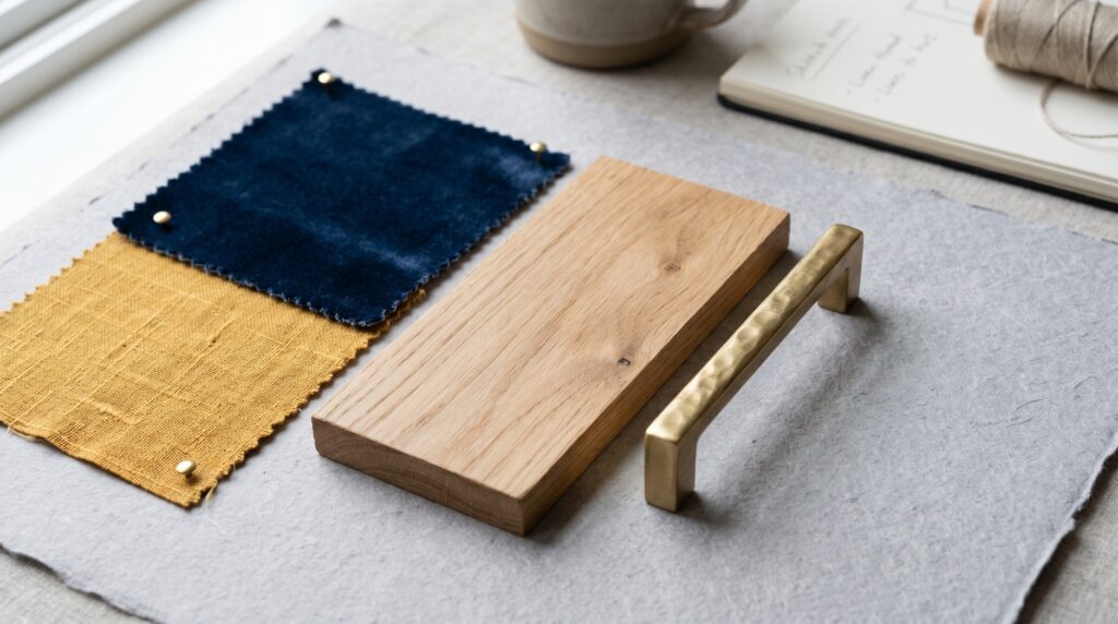 Interior design mood board featuring navy velvet, yellow linen fabric swatches, oak wood, and brass hardware.