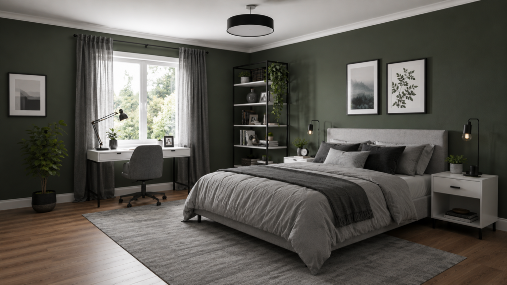 Japandi style master bedroom interior featuring dark green walls, grey bed linens, a work desk, and a large area rug.
