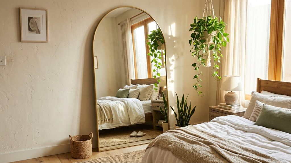 Large arched gold floor mirror in a sunlit boho bedroom with hanging pothos and neutral linen bedding.