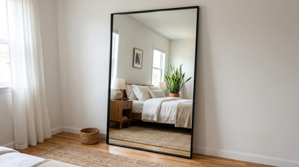Large black framed floor mirror leaning against a white wall in a bright, neutral-toned bedroom.