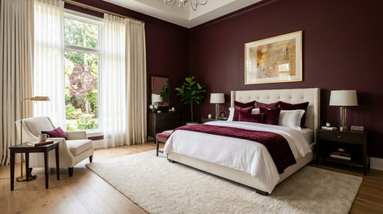 Large luxury bedroom with burgundy walls, sheer white curtains, and a plush cream tufted bed frame with maroon accents.