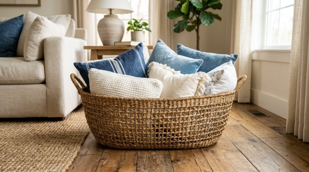 Large woven basket filled with blue and neutral throw pillows on a wooden floor in a bright, cozy living room.