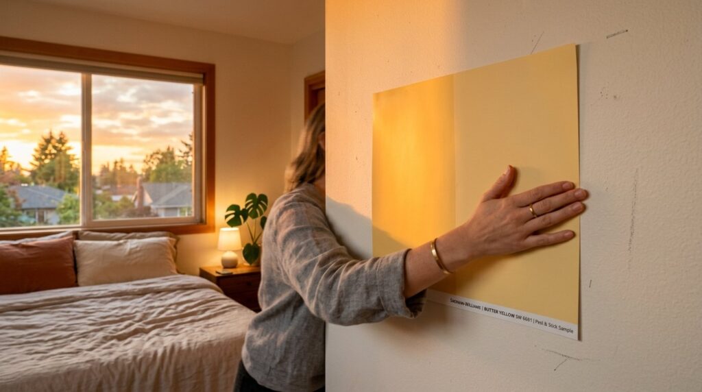 A hand holding a Sherwin-Williams "Butter Yellow" peel-and-stick paint sample against a white wall in a bedroom during sunset.