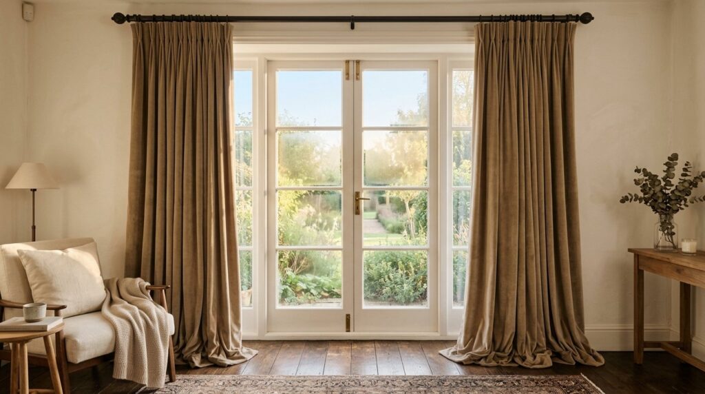 Floor-length beige velvet curtains framing French doors in a bright traditional living room with an armchair.