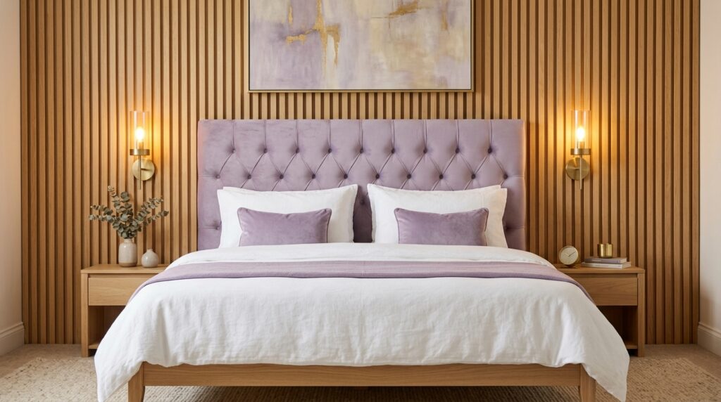 Lavender tufted headboard against a modern wood slat wall with symmetrical brass sconce lighting.