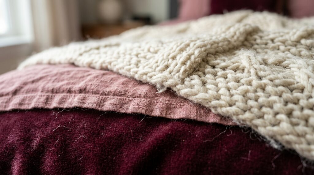 Close-up of layered textures featuring a chunky cream knit throw over pink linen and burgundy velvet pillows.