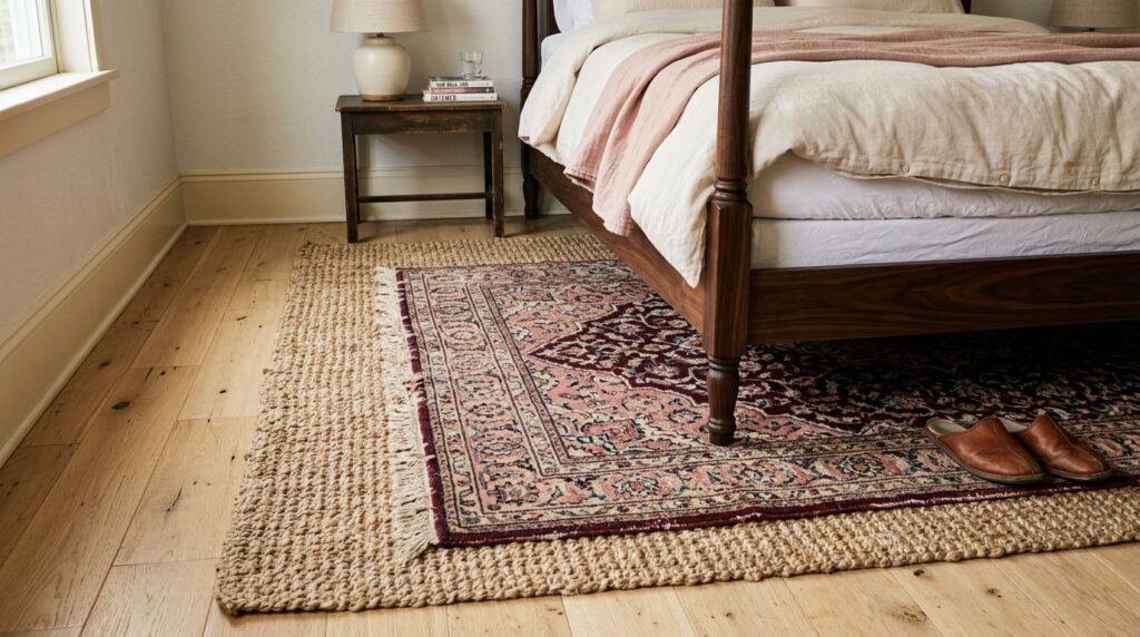 Traditional Persian patterned rug layered over a natural jute rug on light oak hardwood floors.