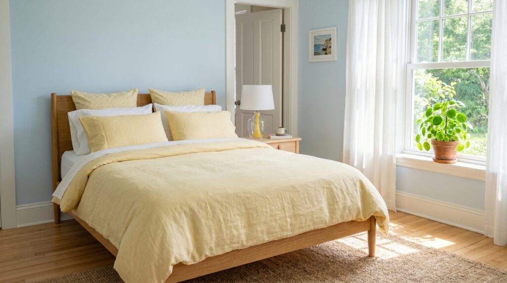 Airy bedroom with light blue walls, yellow linen bedding, and a mid-century oak bed frame by a bright window.