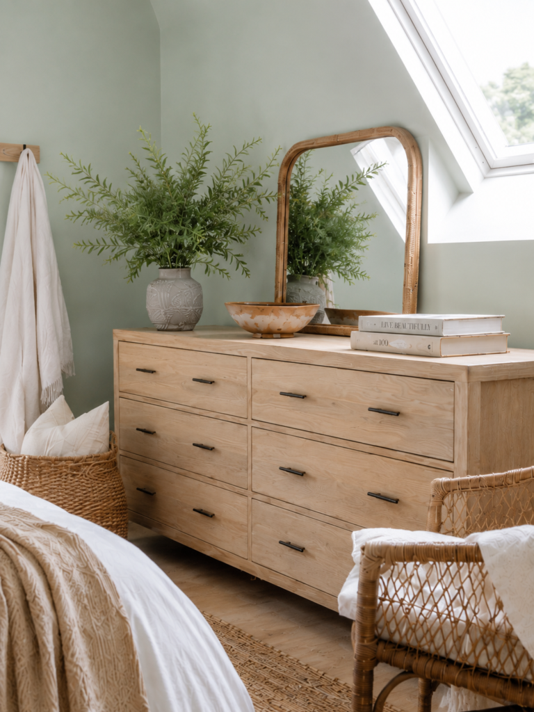 Light oak wood dresser with black handles decorated with green plants and a mirror in a sunlit sage green bedroom.