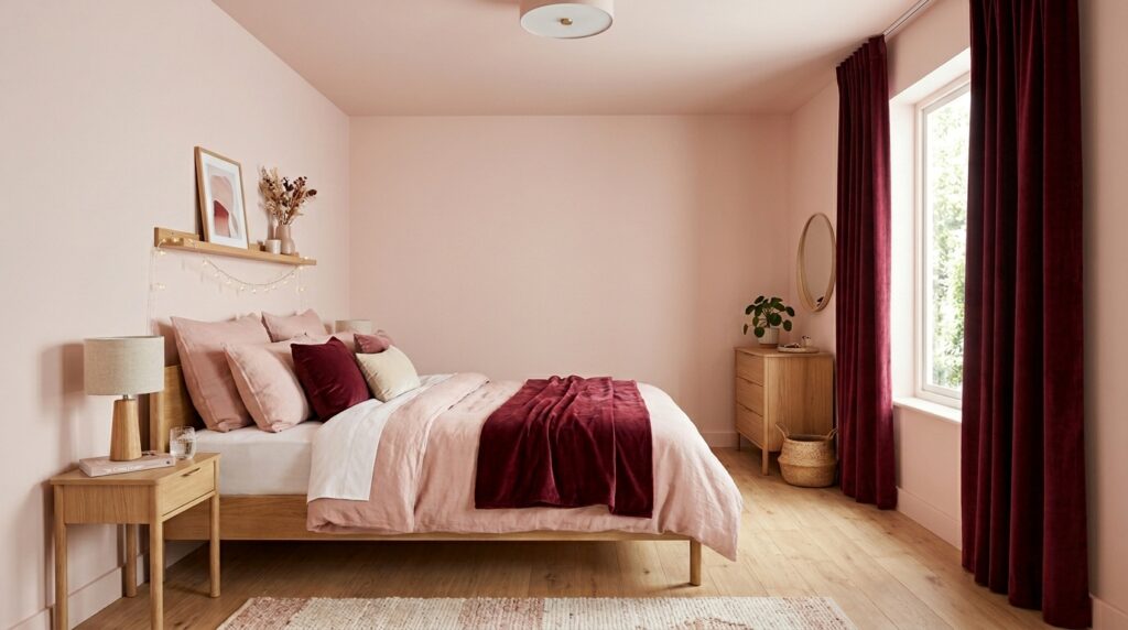 Airy light pink bedroom styled with dramatic burgundy velvet curtains and light oak minimalist furniture.