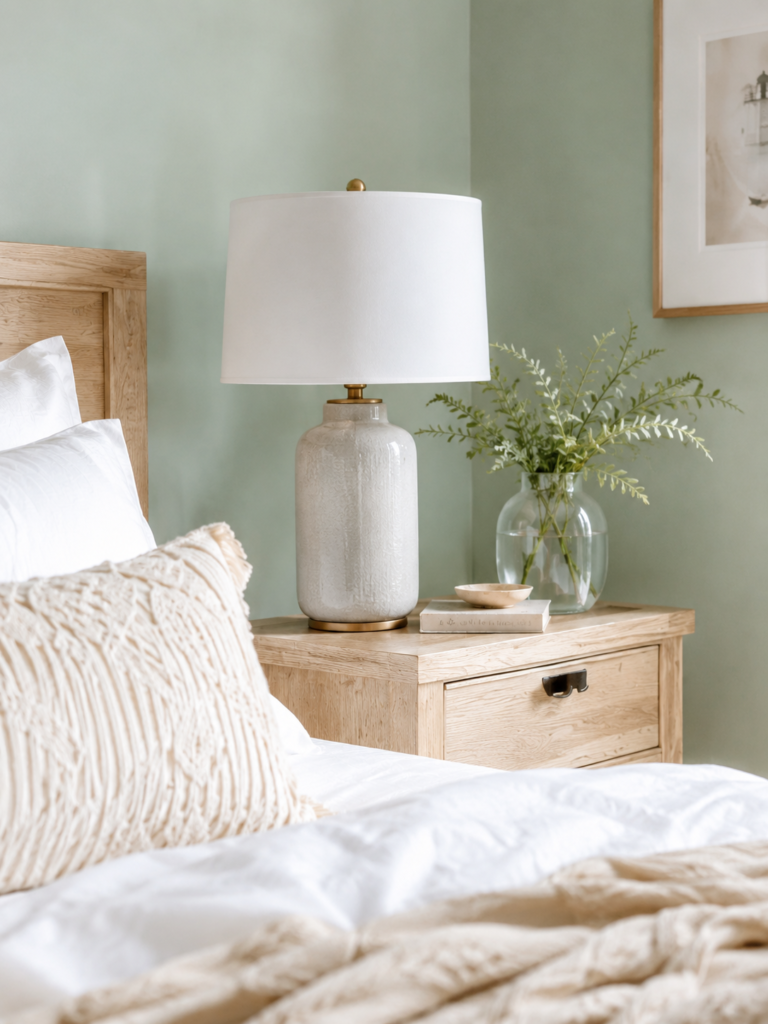 Light wood nightstand styled with a ceramic lamp, glass vase of greenery, and textured white bedding in a bedroom.