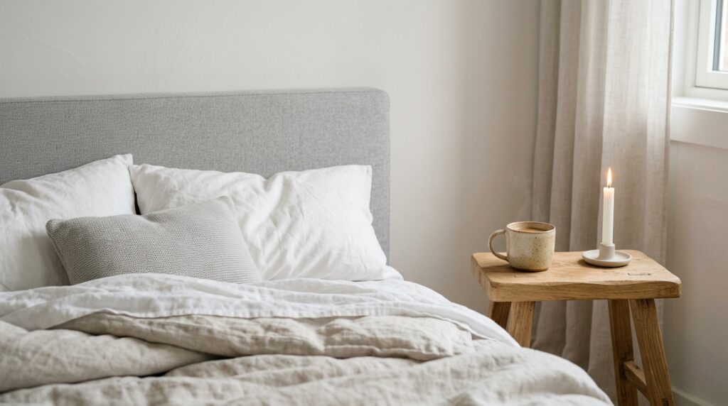 Textured linen bedding and grey headboard next to a rustic wooden stool nightstand in a serene bedroom.