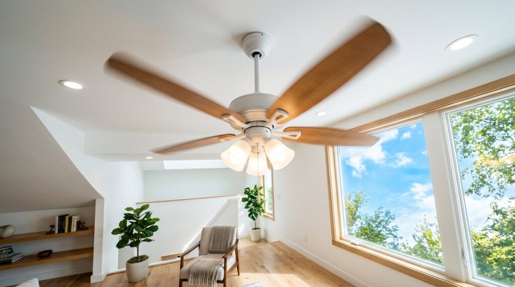 Modern white ceiling fan with lights and wooden blades in a sunlit minimalist loft with large windows.