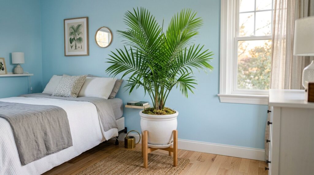 Large majesty palm plant in a white pot in a sunlit coastal bedroom with light blue walls and neutral bedding.