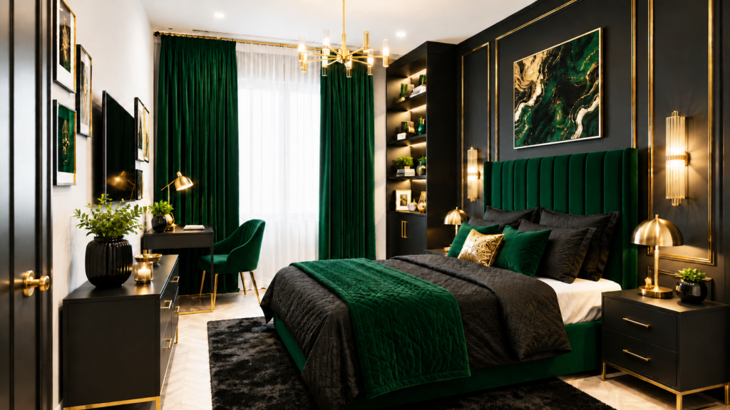 Luxurious modern master bedroom interior styled with a dark black and emerald green color palette and gold accents.