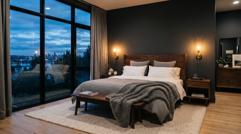 Modern master bedroom with mid-century wooden bed and warm wall sconces overlooking a city skyline at twilight.