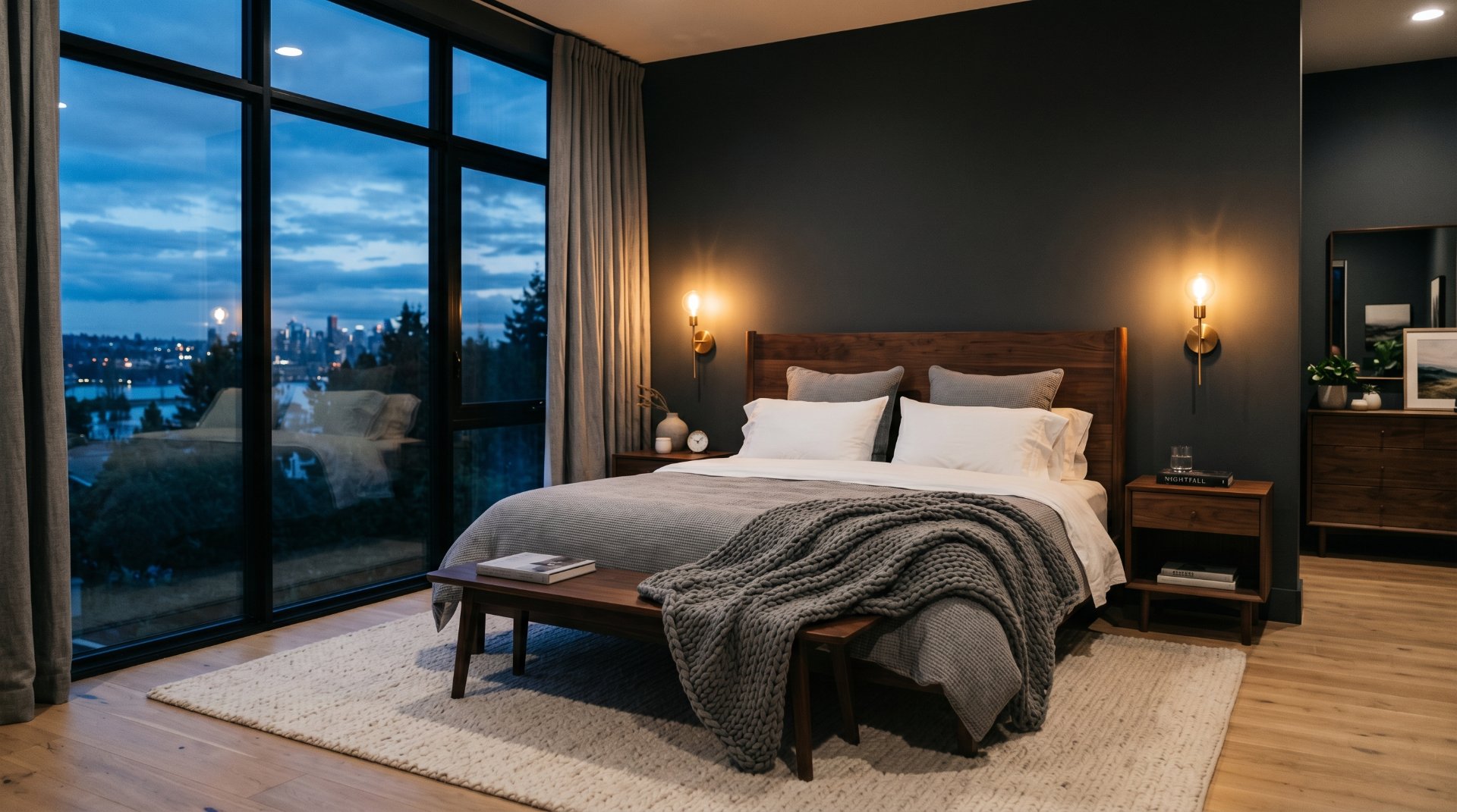 Modern master bedroom with mid-century wooden bed and warm wall sconces overlooking a city skyline at twilight.