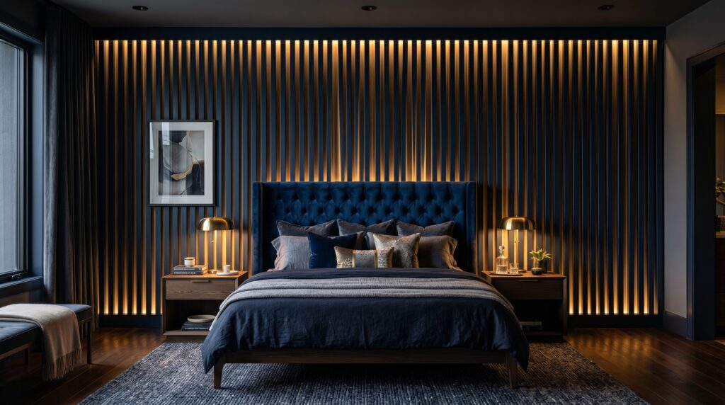 Luxury master bedroom featuring vertical wood slat wall panels with warm backlighting and navy velvet bed.