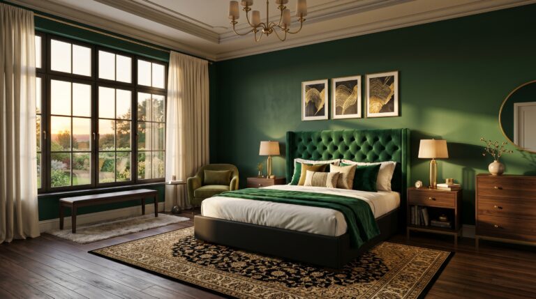 Elegant green bedroom featuring a tufted headboard and gold accents in a sunlit luxury home interior.