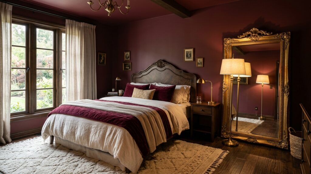 Classic master bedroom featuring burgundy bedding and an ornate gold floor mirror on maroon walls.